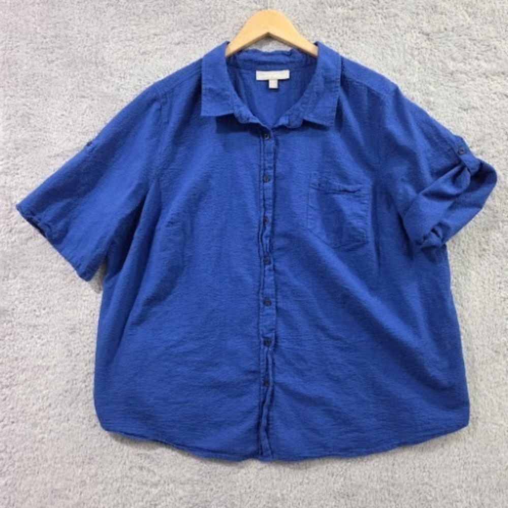 Woman Within Blue Seersucker Button Down Shirt 2X Petite Roll Tab Sleeve Cotton